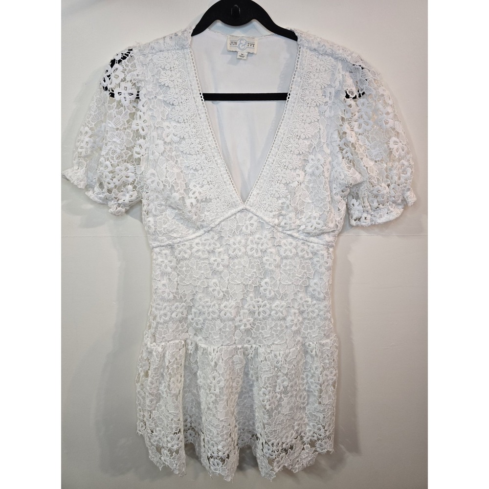 White Lace Babydoll‎ Dress | Coquette Cottagecore Floral Lace Mini Dress M